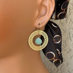 Bohemian Gold Tone Filigree Design & Aventurine Stone Earrings